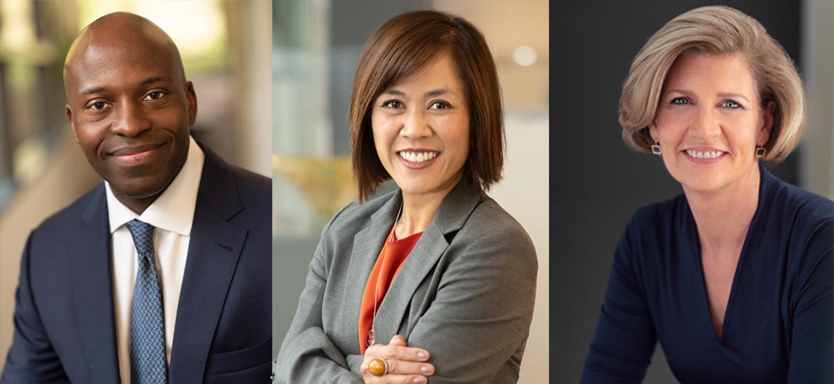 3 individual headshots of executives in a row: a man and 2 women