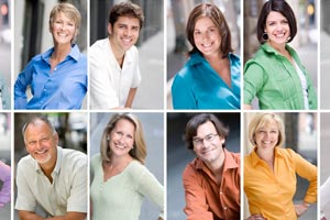 Shows professional business headshot samples, casual, landscape, light ambient background